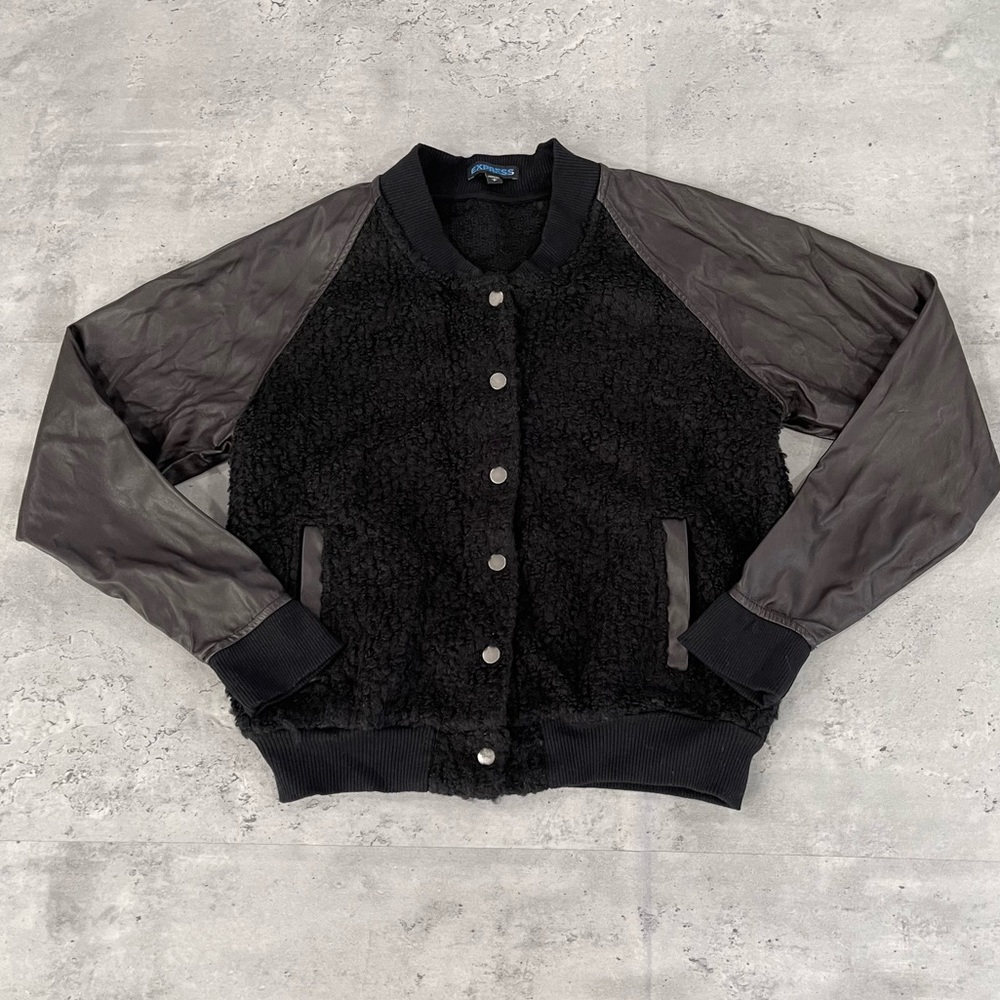 Faux Leather Shearling Varsity Jacket